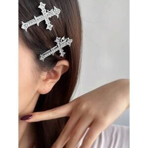 Gothic Rhinestone Cross Hair Clip | Silver Crystal Barrette for Women Girls